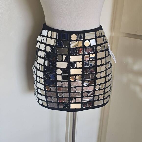 Forever 21 Wmns Metallic Mirrored Mini Skirt Sequins Bling Sparkly Blk, NWT, S - Picture 6 of 7